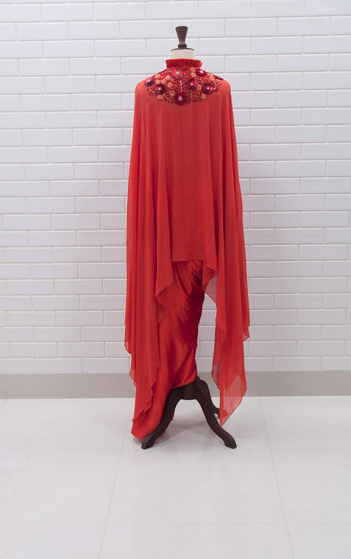 AURELIA : Rust Orange Embroidered Kaftan With Satin Dhoti