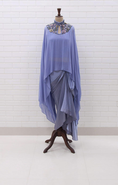AMALIA : Lilac Grey Embroidered Kaftan With Satin Dhoti