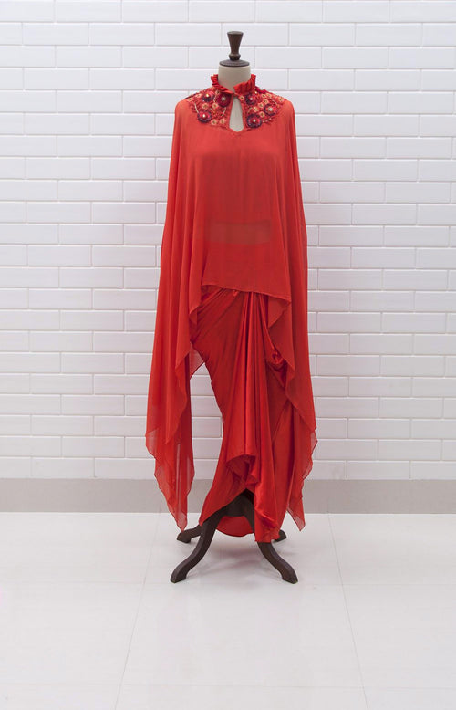 AURELIA : Rust Orange Embroidered Kaftan With Satin Dhoti