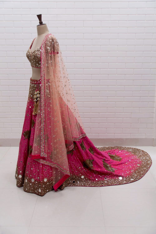 Esha Gupta Coral Pink Lotus Motif Trail Lehenga with choli cut blouse & dupatta