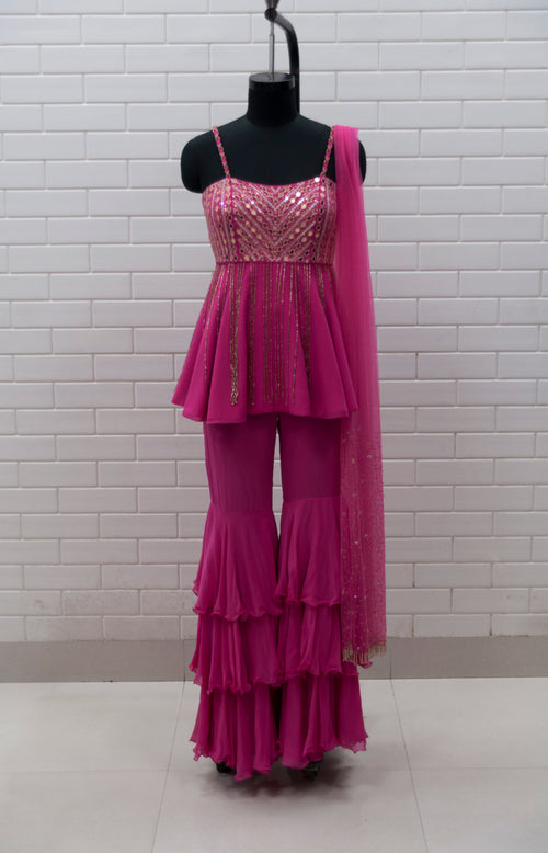 CYNARA - Hot Pink Peplum Spaghetti Top, Multilayered Sharara & Tulle Dupatta