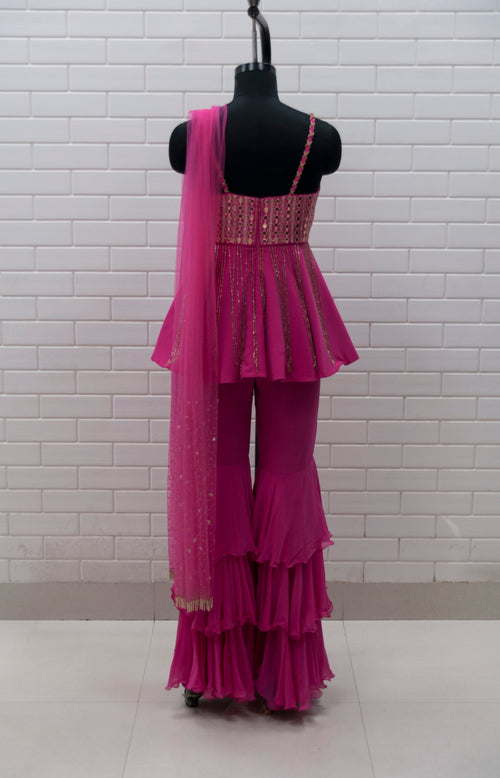 CYNARA - Hot Pink Peplum Spaghetti Top, Multilayered Sharara & Tulle Dupatta