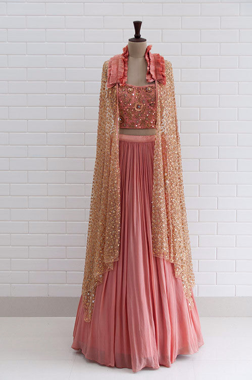 CLARISSA : Canyon Clay Ruffled Jacket with blouse and lehenga