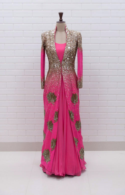 Coral pink Lotus Motif Jacket with Anarkali