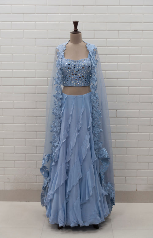 CHLORIS - Ice Blue Mirror Hand-embroidered Corset & Ruffle Lehenga