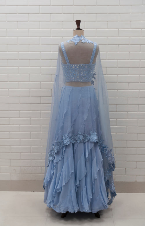 CHLORIS - Ice Blue Mirror Hand-embroidered Corset & Ruffle Lehenga