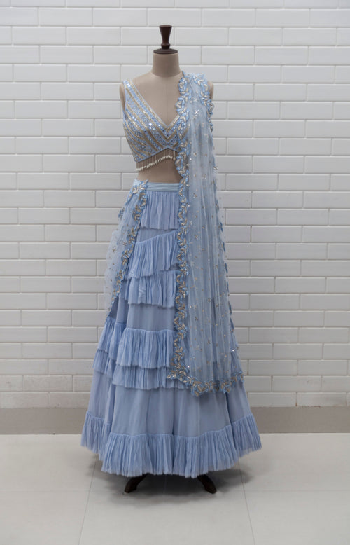 ANGELIKI - Spanish Ruffle Skirt With Linear Style Mirror & Pearl V Neck Blouse