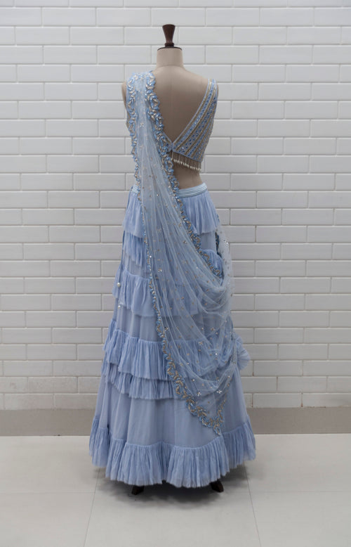 ANGELIKI - Spanish Ruffle Skirt With Linear Style Mirror & Pearl V Neck Blouse