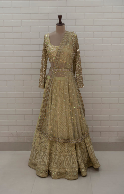 ARACELLI - Pista Green Chikankari Lehenga