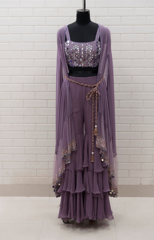 ANTHEA - Triple Layered Flared Sharara & Mirror Work Cutwork Blouse
