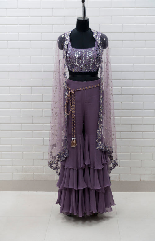 ANTHEA2 - Mirror Work Hand Embroidered Cutwork Blouse & Triple Layered Flared Sharara