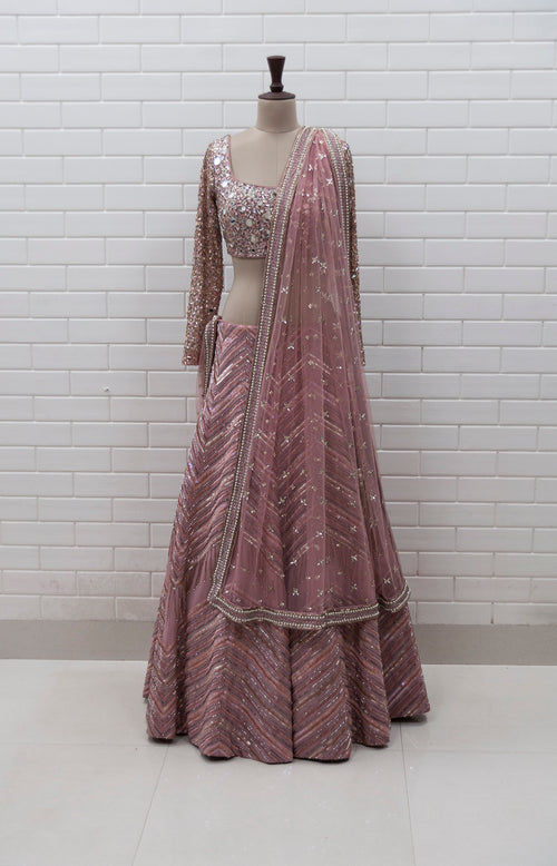 CELIA - Dusty Pink Zig Zag Lehenga, Embroidered Full Sleeves Blouse & Dupatta