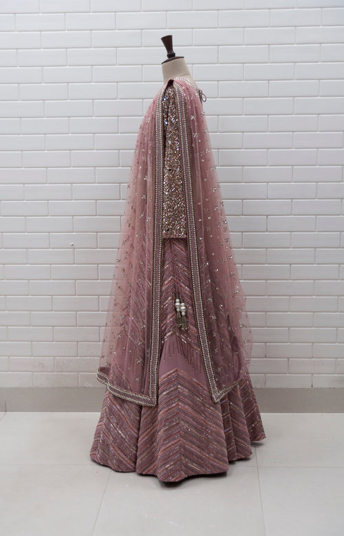 CELIA - Dusty Pink Zig Zag Lehenga, Embroidered Full Sleeves Blouse & Dupatta