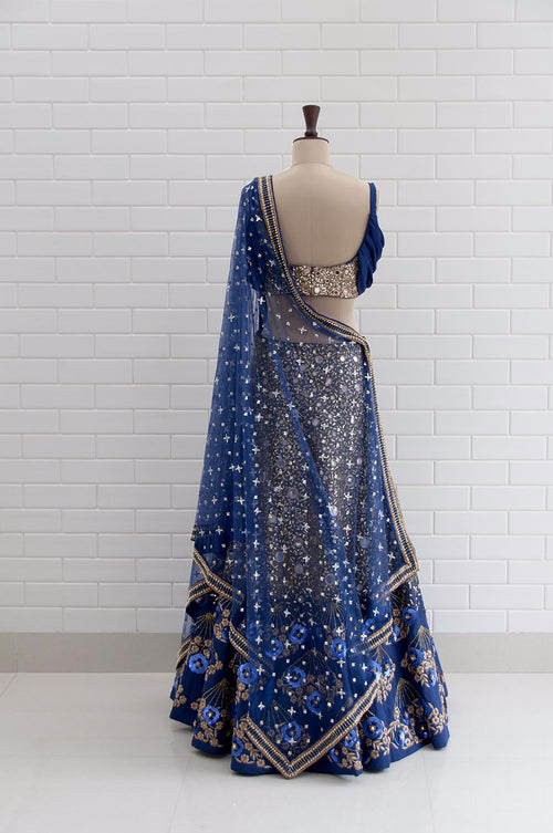 ALESSANDRA : Midnight Blue Drape Sleeves with Jaal embroidery Blouse and Lehenga