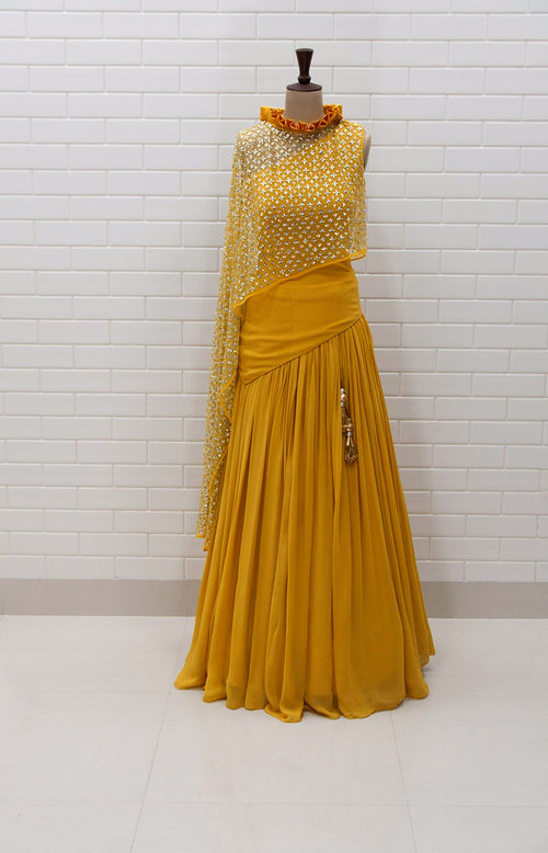 ABRIANA : Spicy Mustard Kundan Drape sleeveless Top with box pleated collar and Lehenga