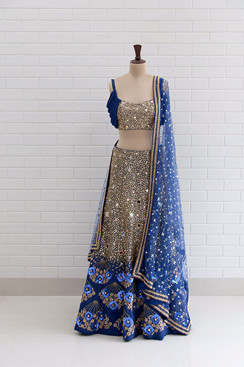 ALESSANDRA : Midnight Blue Drape Sleeves with Jaal embroidery Blouse and Lehenga
