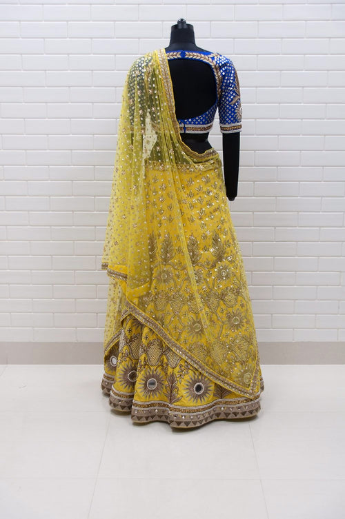 Bhumi Lemon Yellow & Blue Sunflower Pearls Lehenga