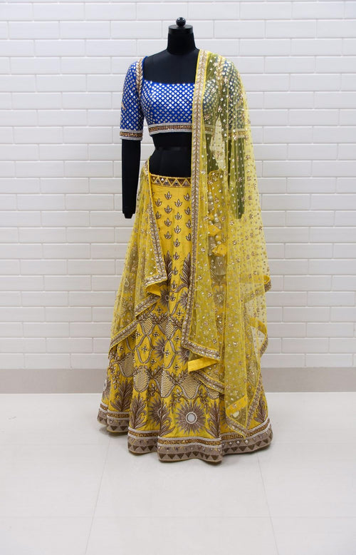 Bhumi Lemon Yellow & Blue Sunflower Pearls Lehenga