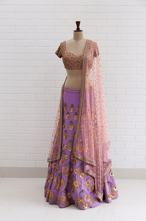 GIULIETTA : Violet Tulle floral zardozi handfans embroidered lehenga with Jaal work choli blouse and dupatta
