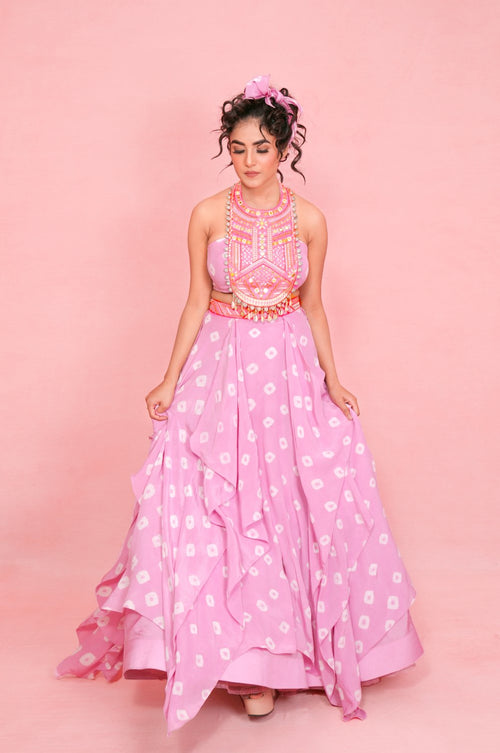 ALAINA : Boho Choli with tribal motifs with a hand-knotted Tie and dye handkerchief lehenga